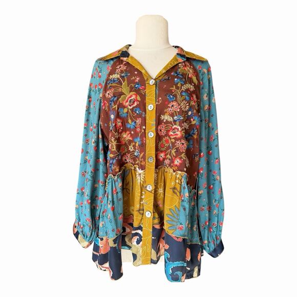 John Mark Mixed Media Floral Peasant Blouse XL Patchwork Boho Tunic NWT Eclectic - Picture 2 of 16